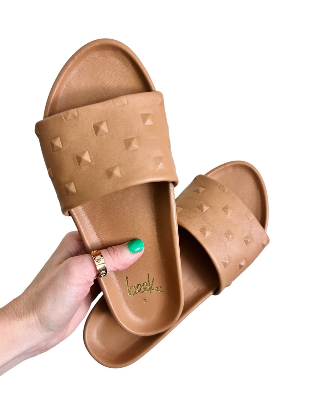 BEEK Tan Handmade Leather Studded Slide Sandals Gallito Embossed Honey Size 5
